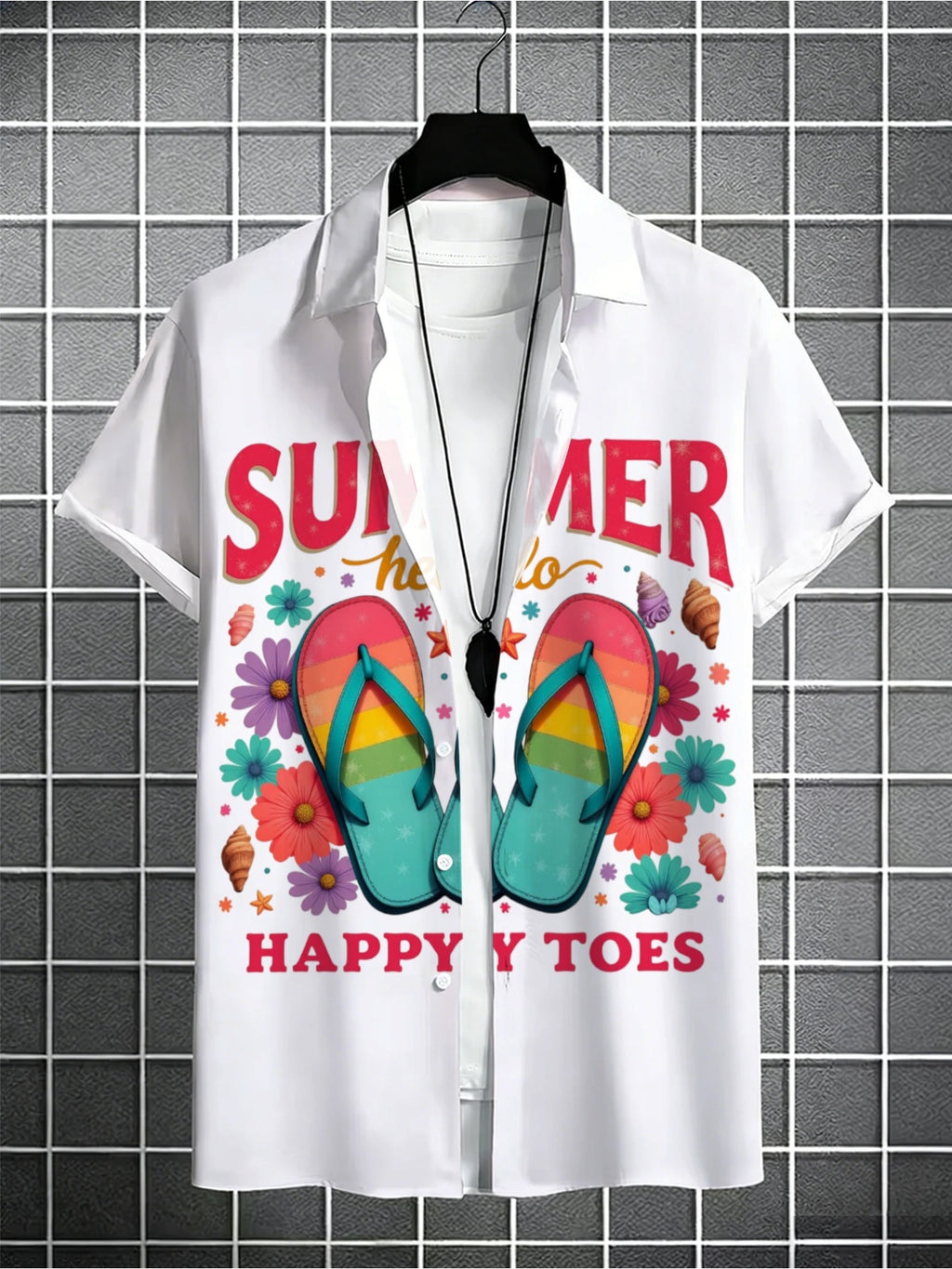 Men's Vibrant Summer Beach Print Hawaiian Shirt, White Base with Colorful Flip-flop, Floral, and Shell Prints, Casual Short-sleeve Collared Shirt for Seaside Outings, a Surprising Summer Gift for Teenage Men