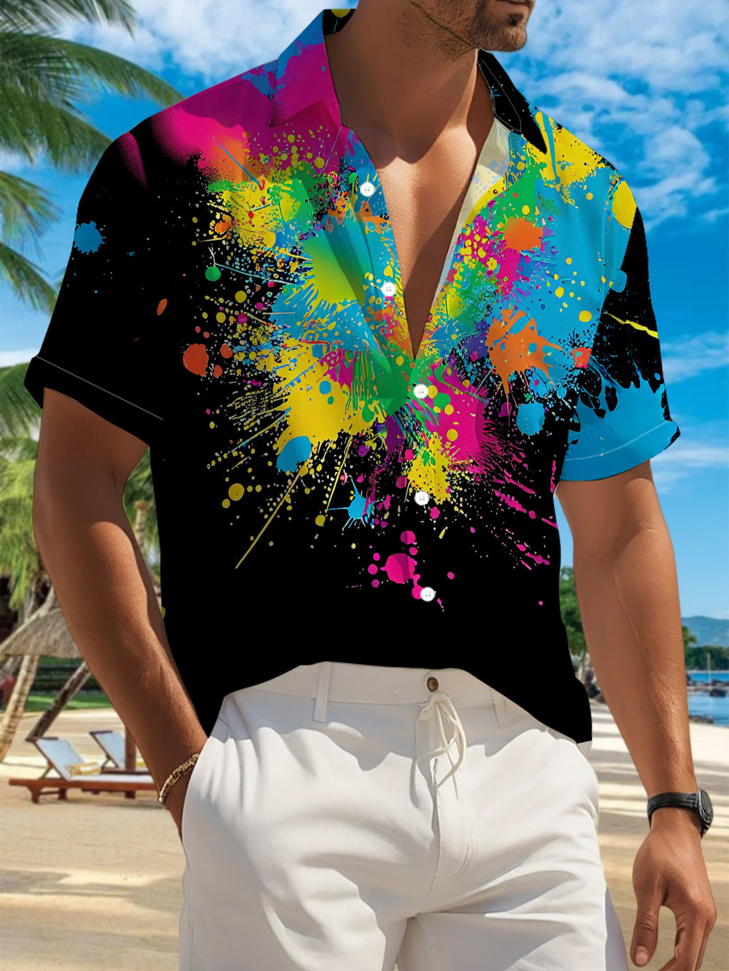 New Men's Casual Short-Sleeve Shirt with Splattering Colorful Ink on a Black Background, a Dazzling and Versatile Top for Holiday Parties and Commuting. Made of Polyester Fiber, Machine Washable, Button-Up Printed Shirt