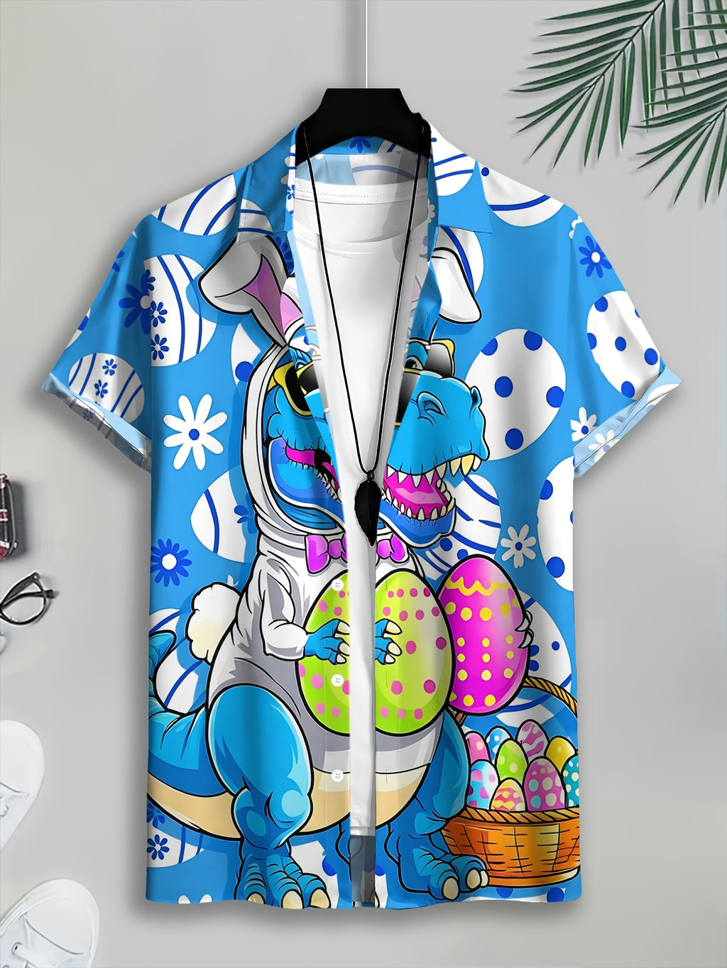 Hawaiian Style Men's Casual Shirt Print Blue Dinosaur Easter Bunny Pattern Spring Summer Fun Cartoon Character with Eggs And Basket