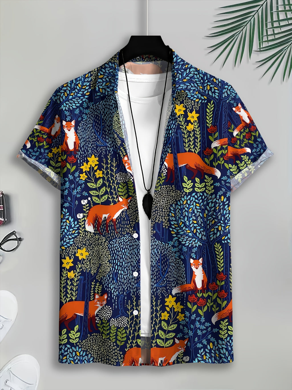 Men's Casual Shirt Print Navy Blue Fox And Flowers Pattern Summer Vibrant Wildlife Design