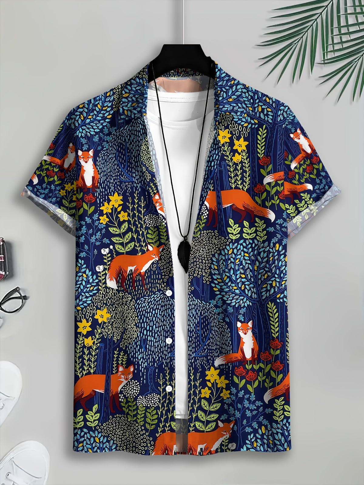 Men's Casual Shirt Print Navy Blue Fox And Flowers Pattern Summer Vibrant Wildlife Design