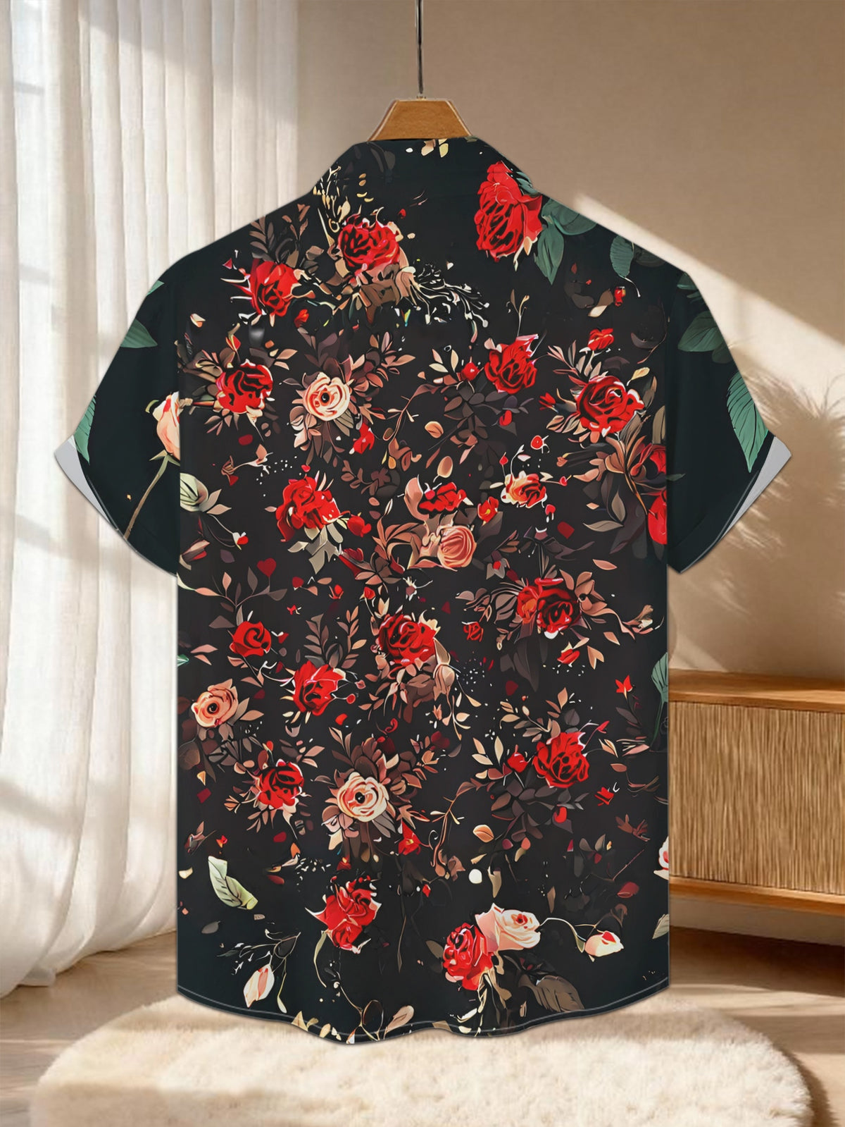 New Men's Casual Short-Sleeve Shirt with Crimson Pink Roses on a Black Background, Featuring Overlapping Clusters of Roses Entwined with Branches. Versatile for Holiday Gatherings and Commuting. Made of Polyester Fiber, Machine Washable. Button-Up