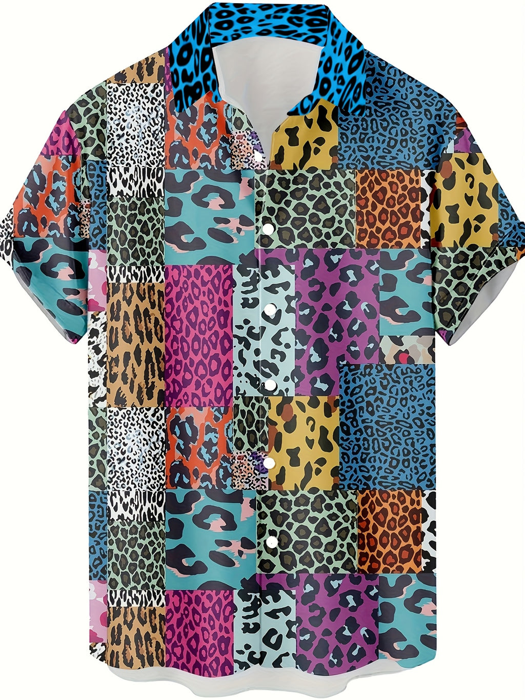 New Patchwork Leopard Print Short Sleeve Shirt, Men'S Casual Button-Up Short Sleeve Shirt Suitable for Beachwear, Vacation And Casual Outings, Casual Summer Top with Breathable Material, Summer Vacation, Casual Loose Fit Tropical Hawaiian Shirt