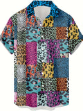 New Patchwork Leopard Print Short Sleeve Shirt, Men'S Casual Button-Up Short Sleeve Shirt Suitable for Beachwear, Vacation And Casual Outings, Casual Summer Top with Breathable Material, Summer Vacation, Casual Loose Fit Tropical Hawaiian Shirt