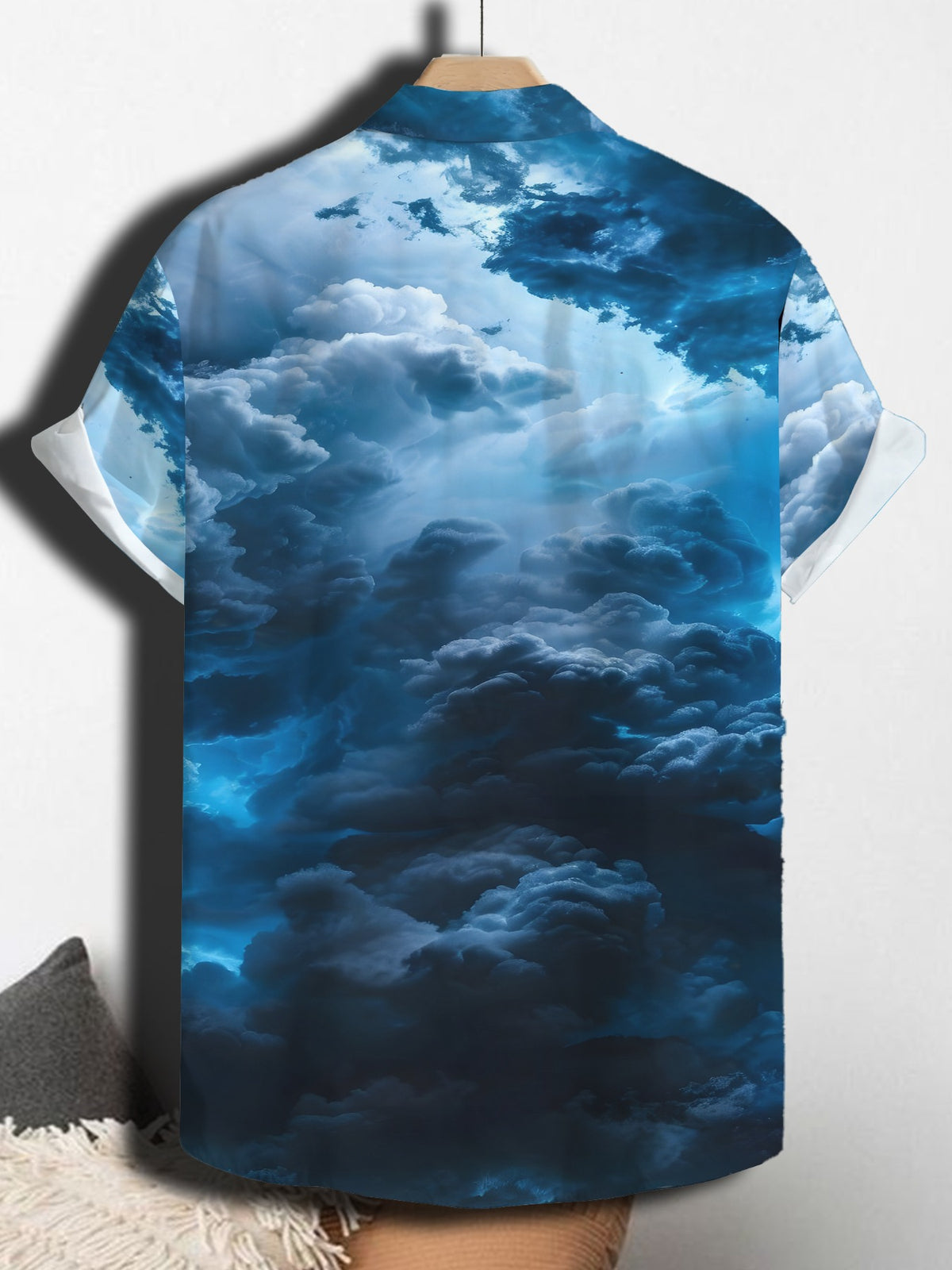 Men's Casual Anime Shirt with Blue Sky and White Clouds Hawaiian Pattern, Regular Fit Lapel Collar, Outdoor Travel Apparel