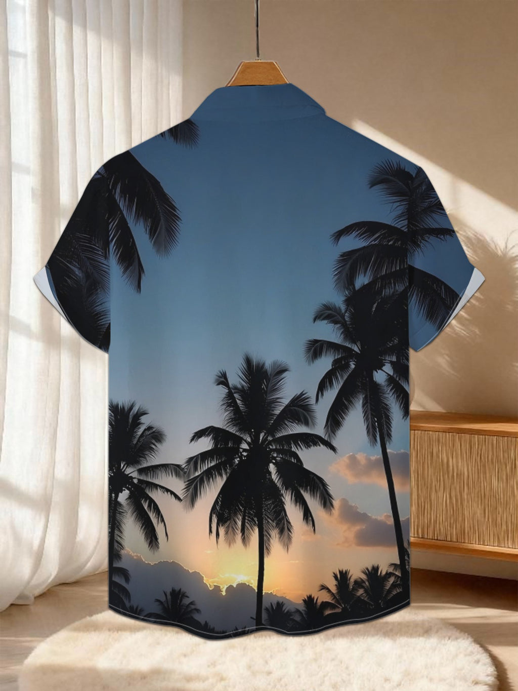 New Men's Casual Short-Sleeve Shirt, Coconut Grove Silhouette, Sunset Golden Hue Dyeing the Sky, Versatile for Holiday Parties and Commuting, Polyester Fabric, Machine Washable, Lightweight for Summer, Suitable for Casual Wear, Outdoor Activities
