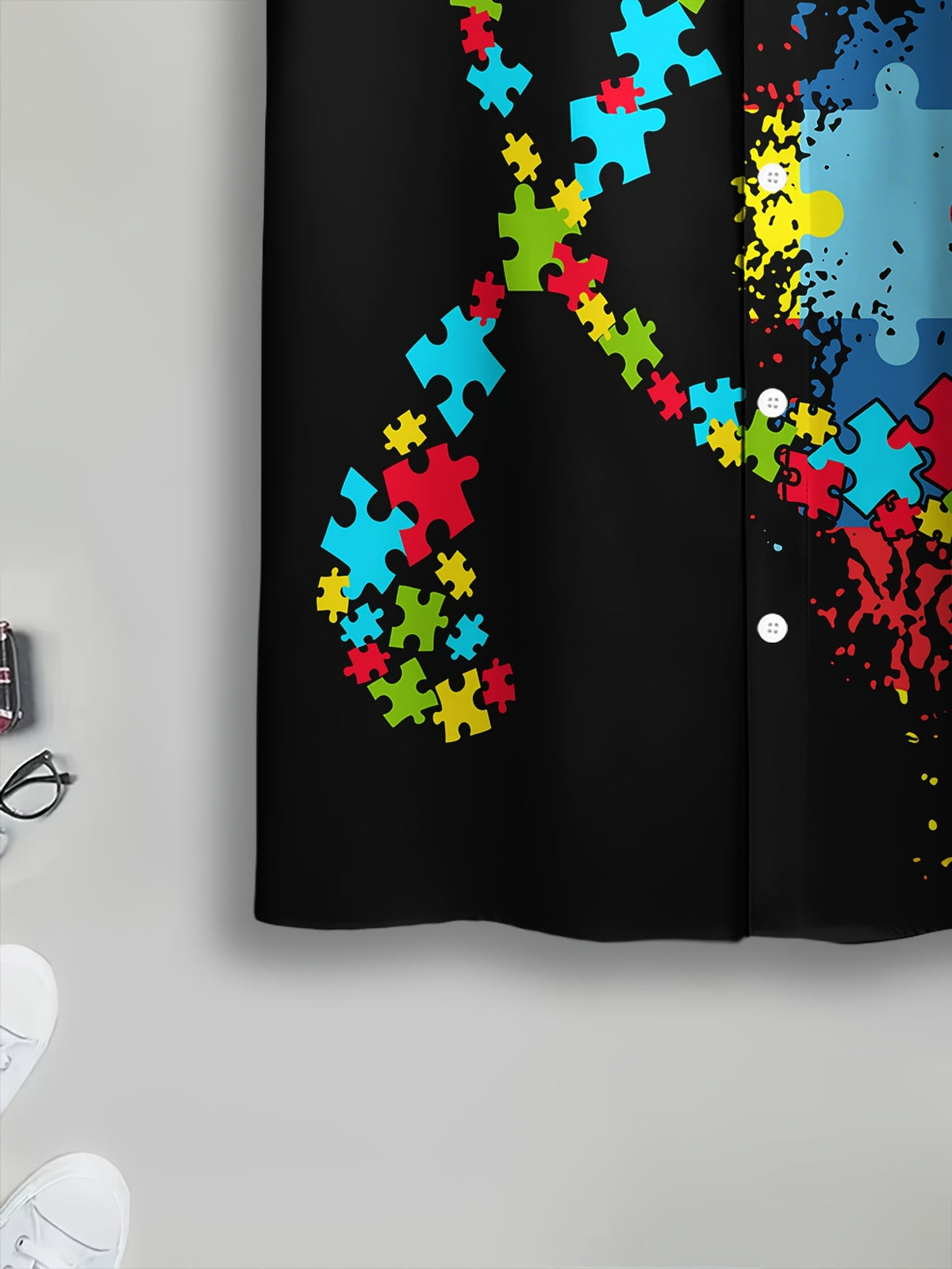 Casual Style Men'S Casual Shirt with Puzzle Print Black And Colorful Puzzle Pieces Summer Bright Puzzle Design