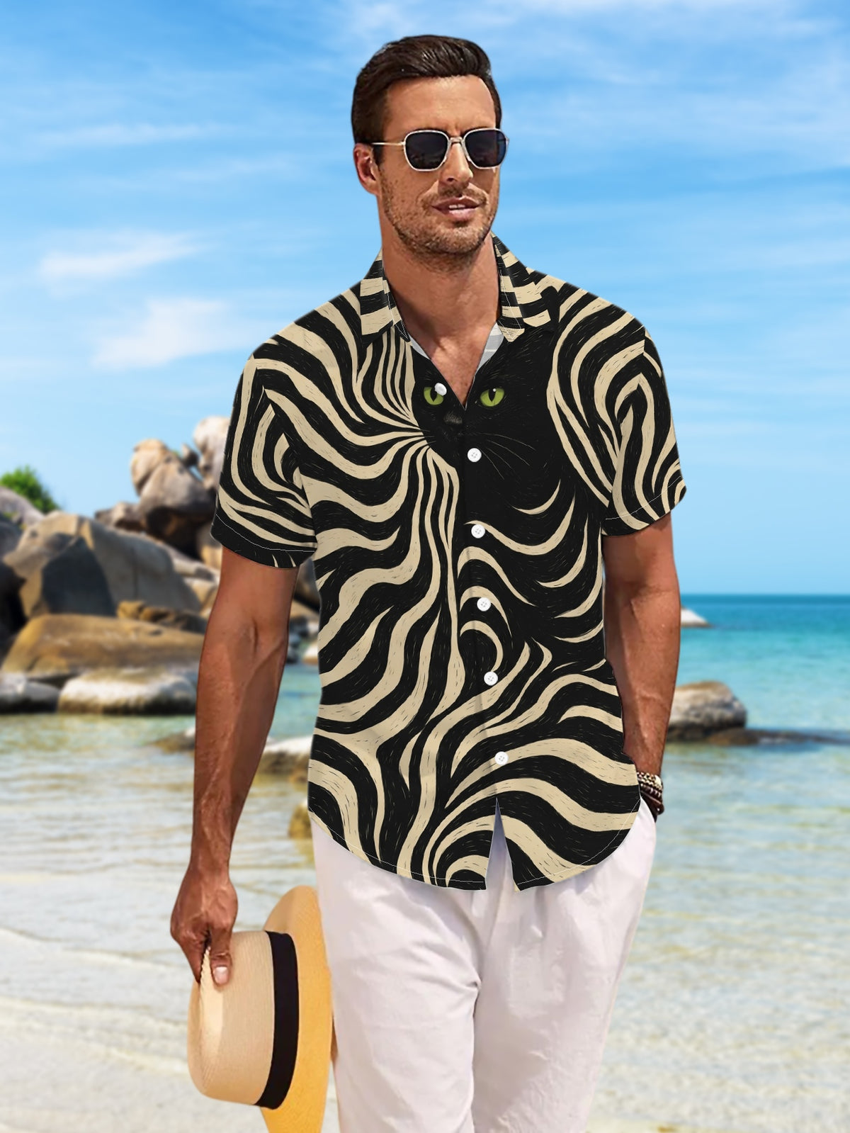 New Men'S Casual Short-Sleeved Shirt Black Cat Hides Among Black And White Ripples Green Eyes Suddenly Appear Festive Party Commute Versatile Polyester Fabric Machine Washable Lightweight Summer Suitable for Casual Wear Outdoor Activities And Daily