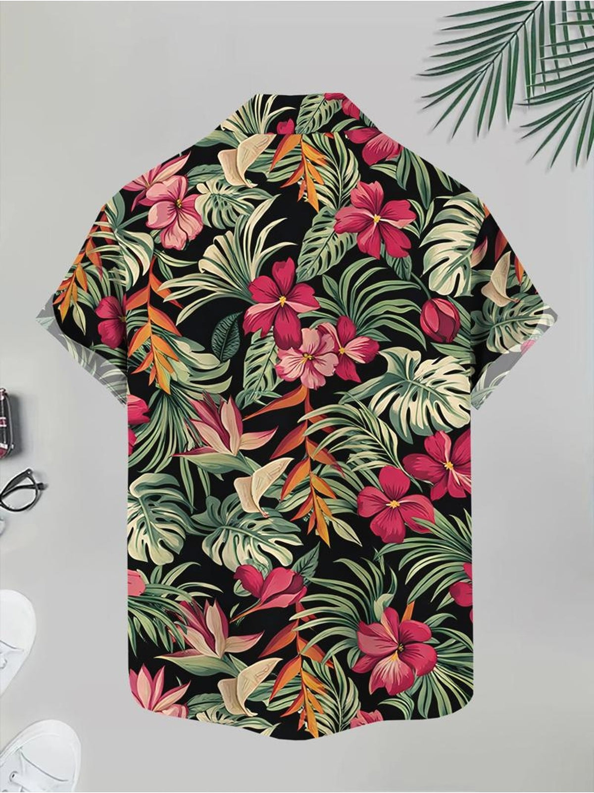 New Men's Casual Shirt, Tropical Floral Print, Black Short Sleeve, Multiple Sizes Available, Beach Style, Men's Fashion Item, Suitable for Vacation and Daily Wear