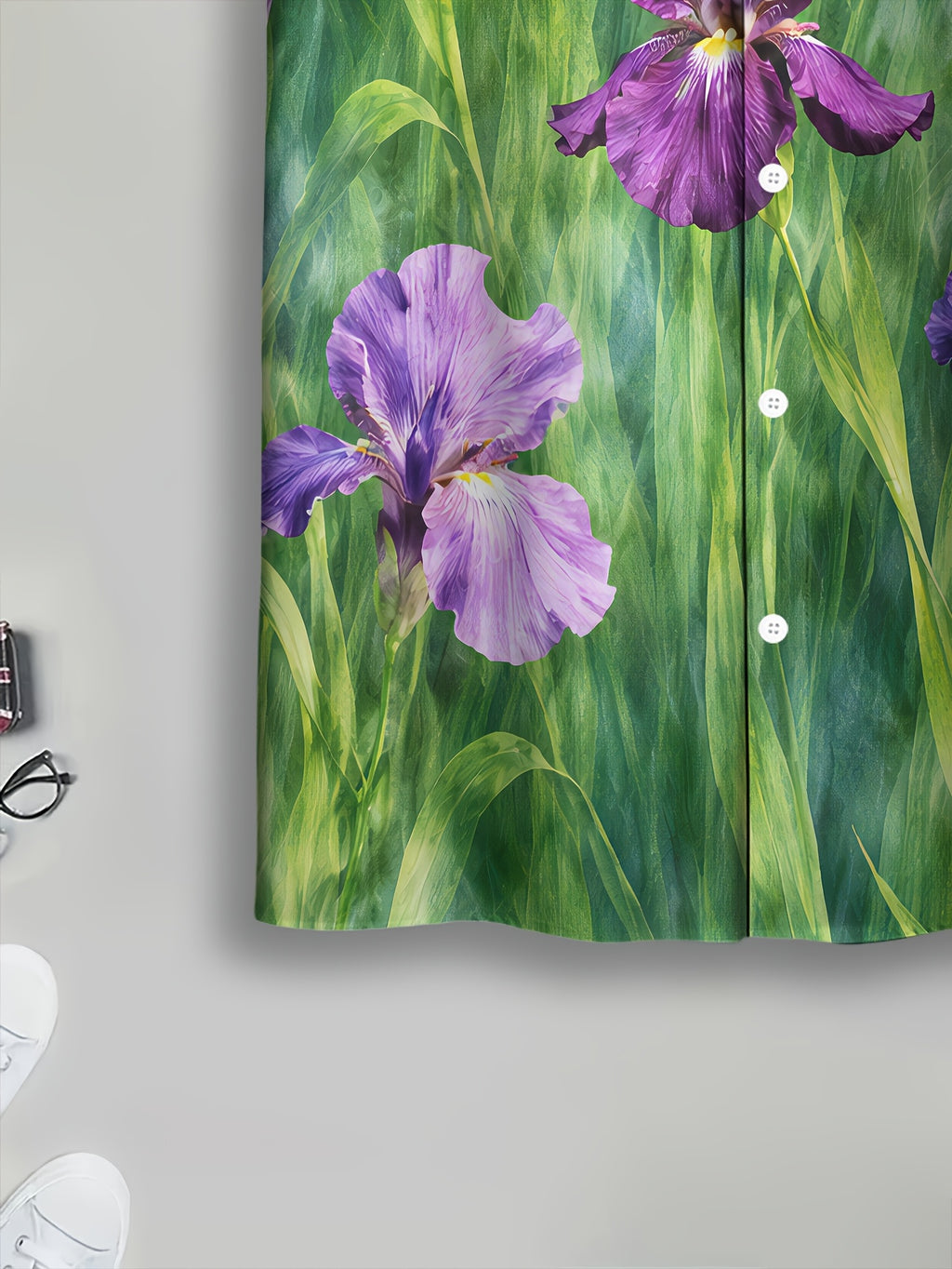 Men's Casual Floral Print Shirt with Vibrant Natural Summer Iris Design in Purple