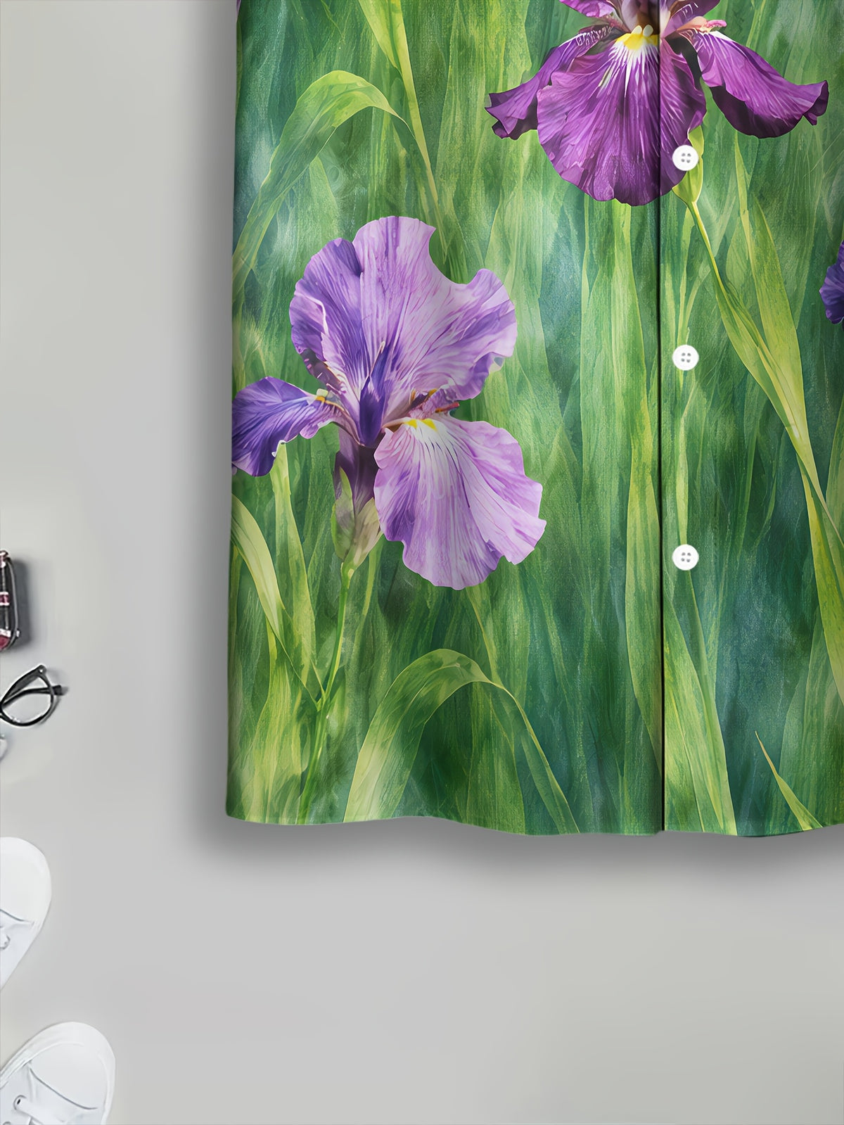 Men's Casual Floral Print Shirt with Vibrant Natural Summer Iris Design in Purple