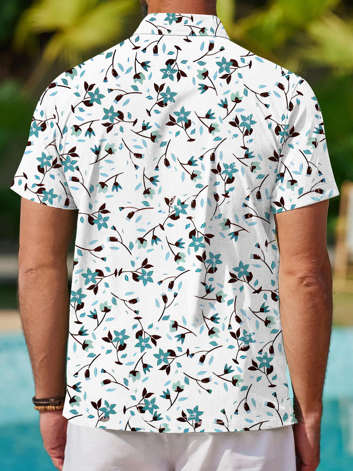 New Men's Casual Short-Sleeve Printed Shirt with Blue and White Floral Pattern, Fresh Style with Flowers and Leaves. Summer Men's Short-Sleeve Printed T-Shirt, Basic Style Men's Apparel, Daily Work Top, Fashionable Loose-Fit Casual Short-Sleeve