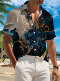 New Men'S Casual Short-Sleeve Shirt in Golden Blue with White Feathers, Featuring a Dreamy And Elegant Design. Perfect for Holiday Gatherings And Commuting