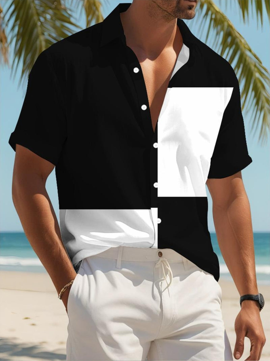 Color Block Design Men'S Casual Shirt Geometric Pattern Summer Beach Wear