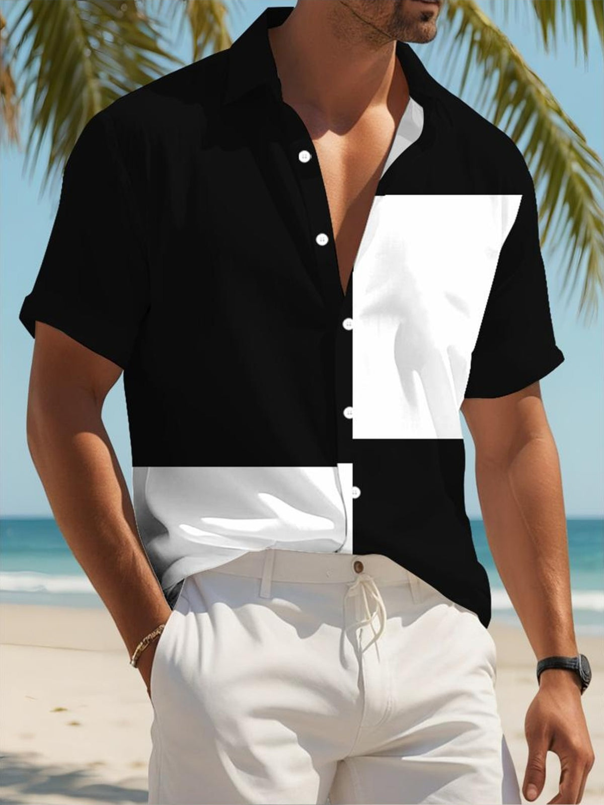 Color Block Design Men'S Casual Shirt Geometric Pattern Summer Beach Wear