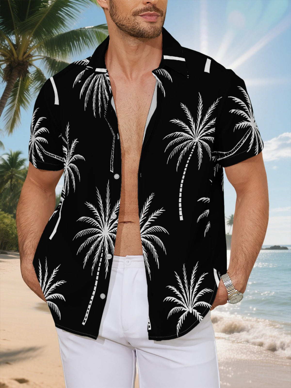 New Men'S Casual Short-Sleeve Shirt with a Black Background And White Palm Tree Prints Arranged in a Repeating Pattern, Suitable for Festive Gatherings, Commuting, And Versatile Casual Wear. Made from Machine-Washable Polyester Fabric