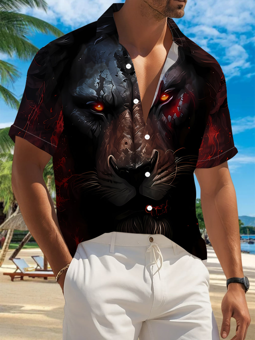 Men's Fierce Lion's Eye Button-Fit Shirt - Blood Vein Face Covering & Blazing Red Fire, Loose Collar Short-Sleeve Button-Up, Machine Washable Polyester Suitable for Holiday Parties, Commuting, and Summer Casual Wear
