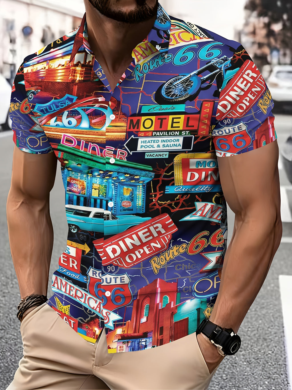 Retro American Style Men's Casual Shirt, Colorful Prints, Blue Background, Route 66, Motorcycle, Restaurant, Car, Signboard, Text Theme, Summer, Lively Street Scene, Fashionable Casual Short-sleeve Shirt, Travel