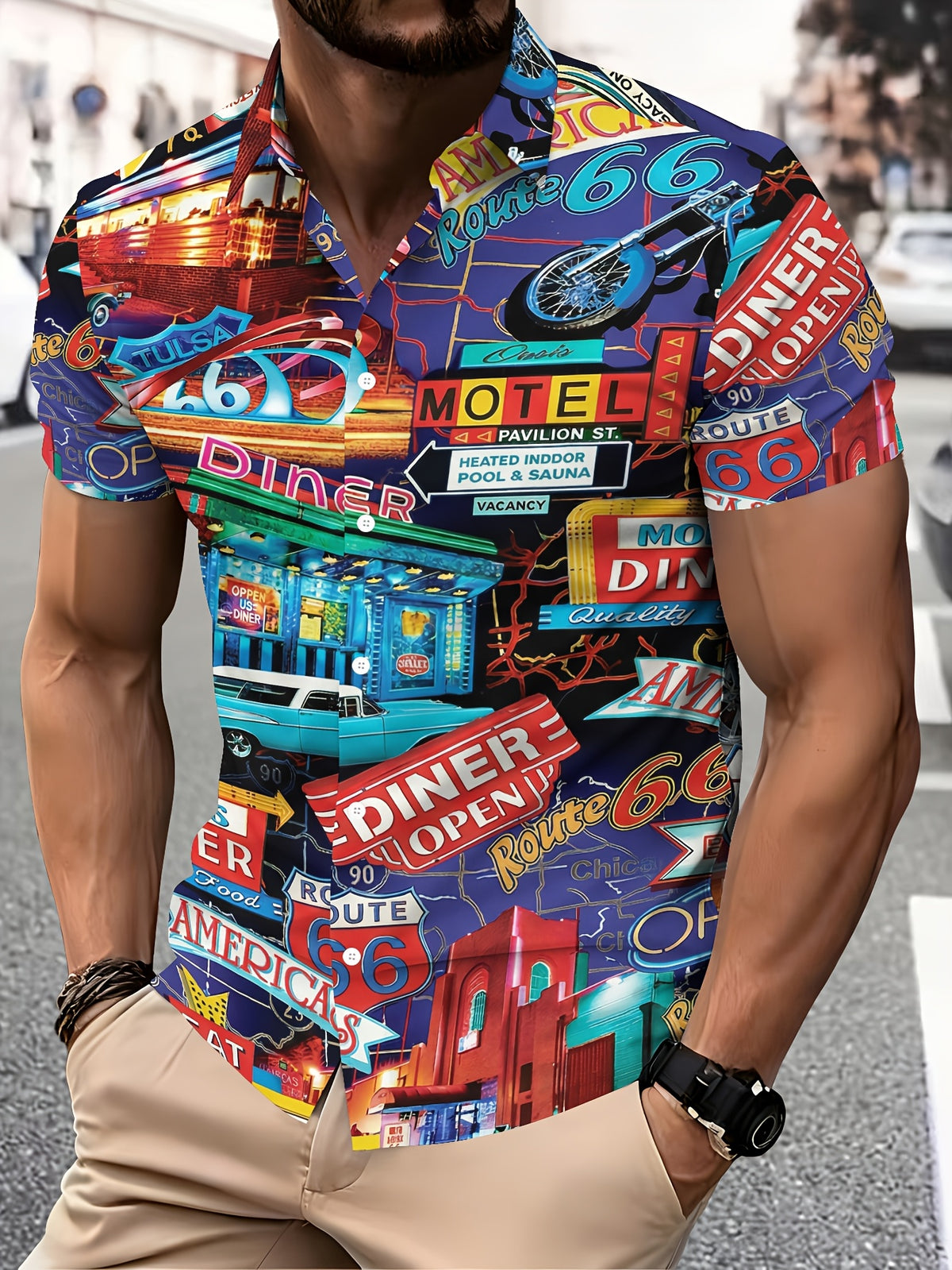 Retro American Style Men's Casual Shirt, Colorful Prints, Blue Background, Route 66, Motorcycle, Restaurant, Car, Signboard, Text Theme, Summer, Lively Street Scene, Fashionable Casual Short-sleeve Shirt, Travel