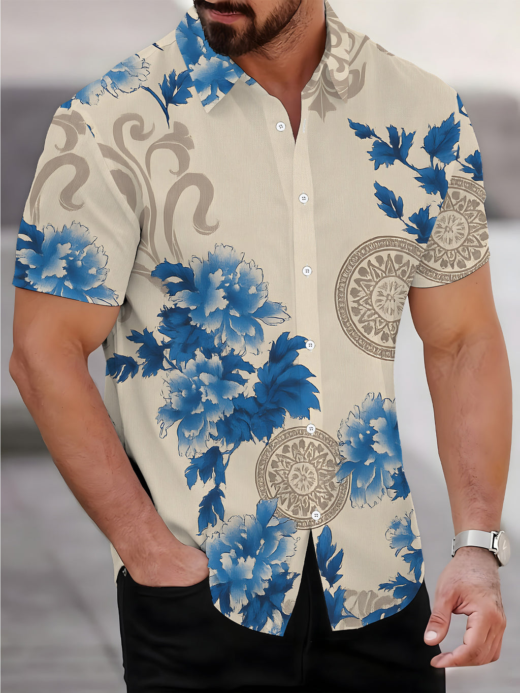 Men's Short-Sleeve Shirt with Blue Floral Elegant Style, Printed Shirt with Chinese Floral Pattern, Cool Short-Sleeve Shirt for Men, Beige-Blue Elegant Color, Men's Casual Short-Sleeve Shirt for Summer