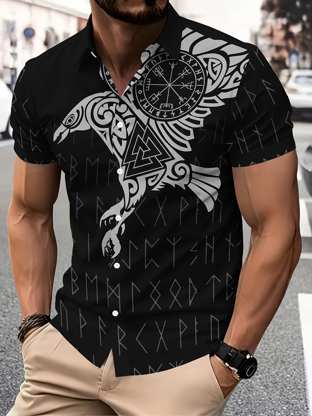 Viking Style Men'S Casual Shirt, Printed Black Raven And Runes Pattern Summer Nordic Symbol Design