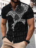 Viking Style Men'S Casual Shirt, Printed Black Raven And Runes Pattern Summer Nordic Symbol Design