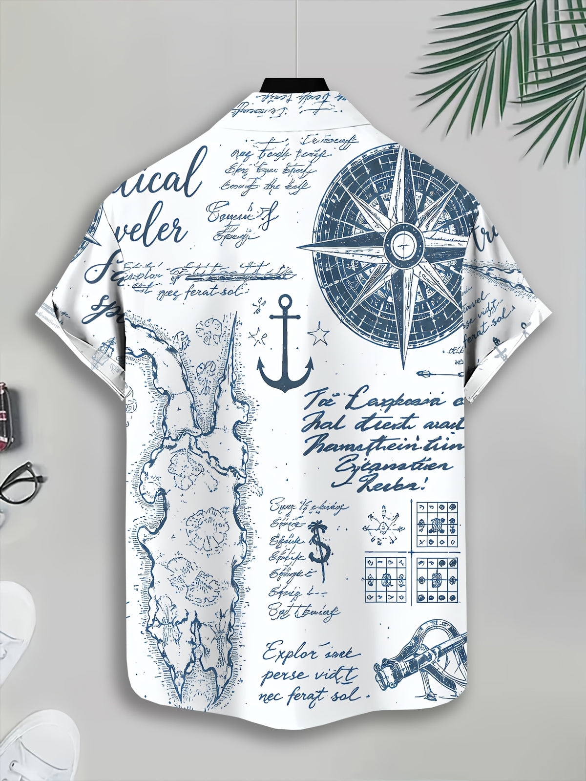 Nautical Style Men'S Casual Shirt with Compass Map And Anchor Print Summer Vintage Exploration Theme