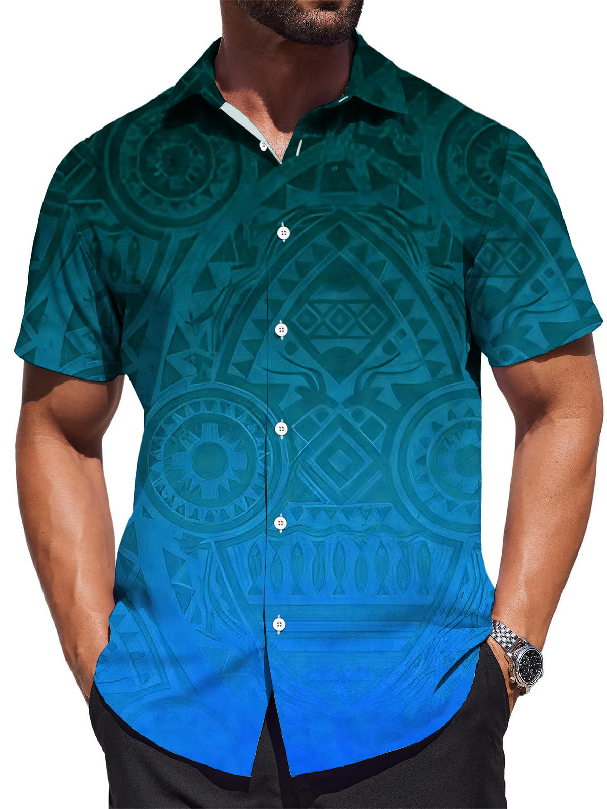Men's Gradient Blue Polynesian Tribal Totem All-Over Print Short Sleeve Shirt, Lightweight and Draping, for Hawaiian Island Vacation Beach Outfits