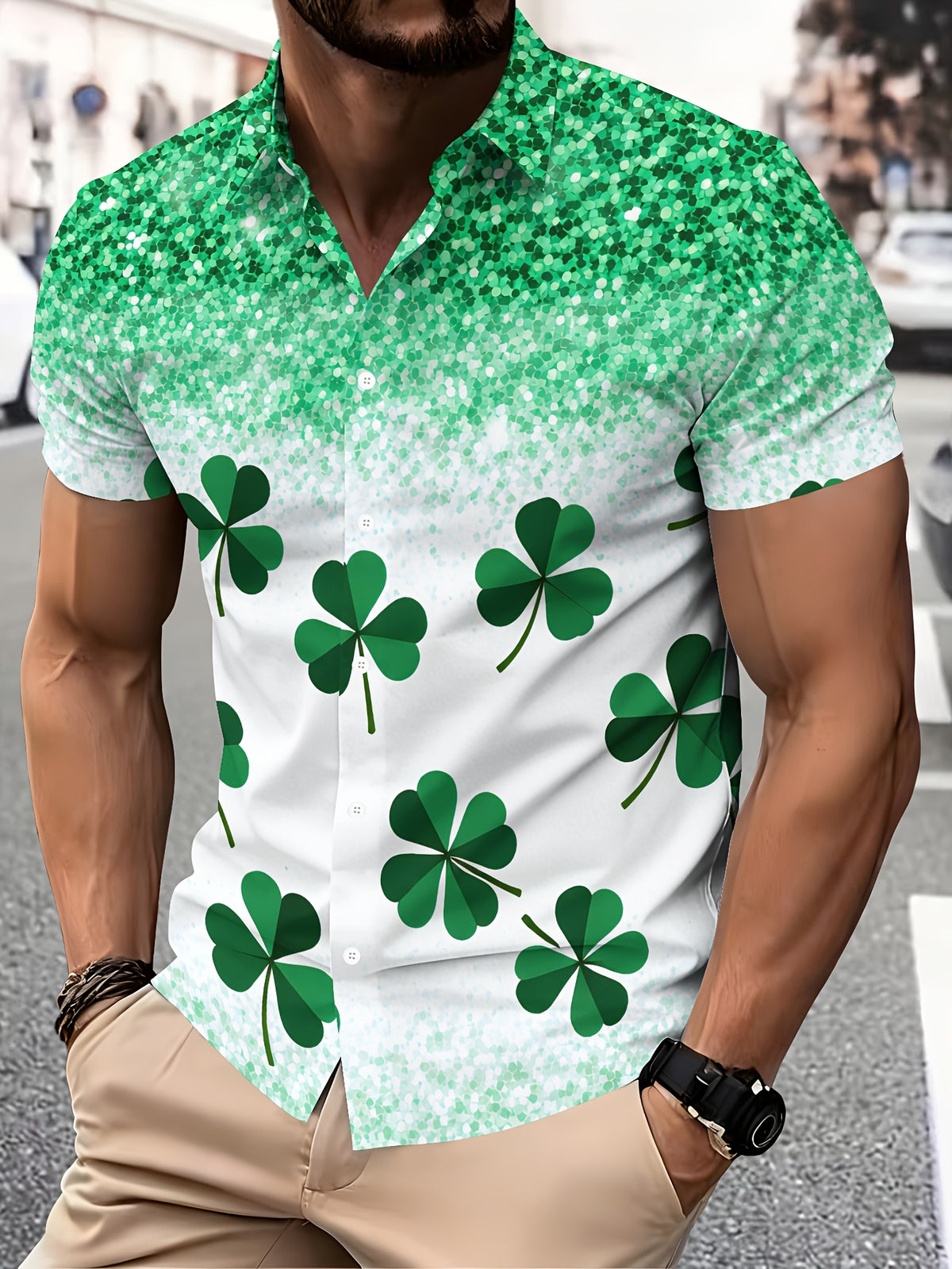 Men's Casual Style Shirt with Printed Cloverleaf Pattern, Vibrant Green Leaf Design for Summer