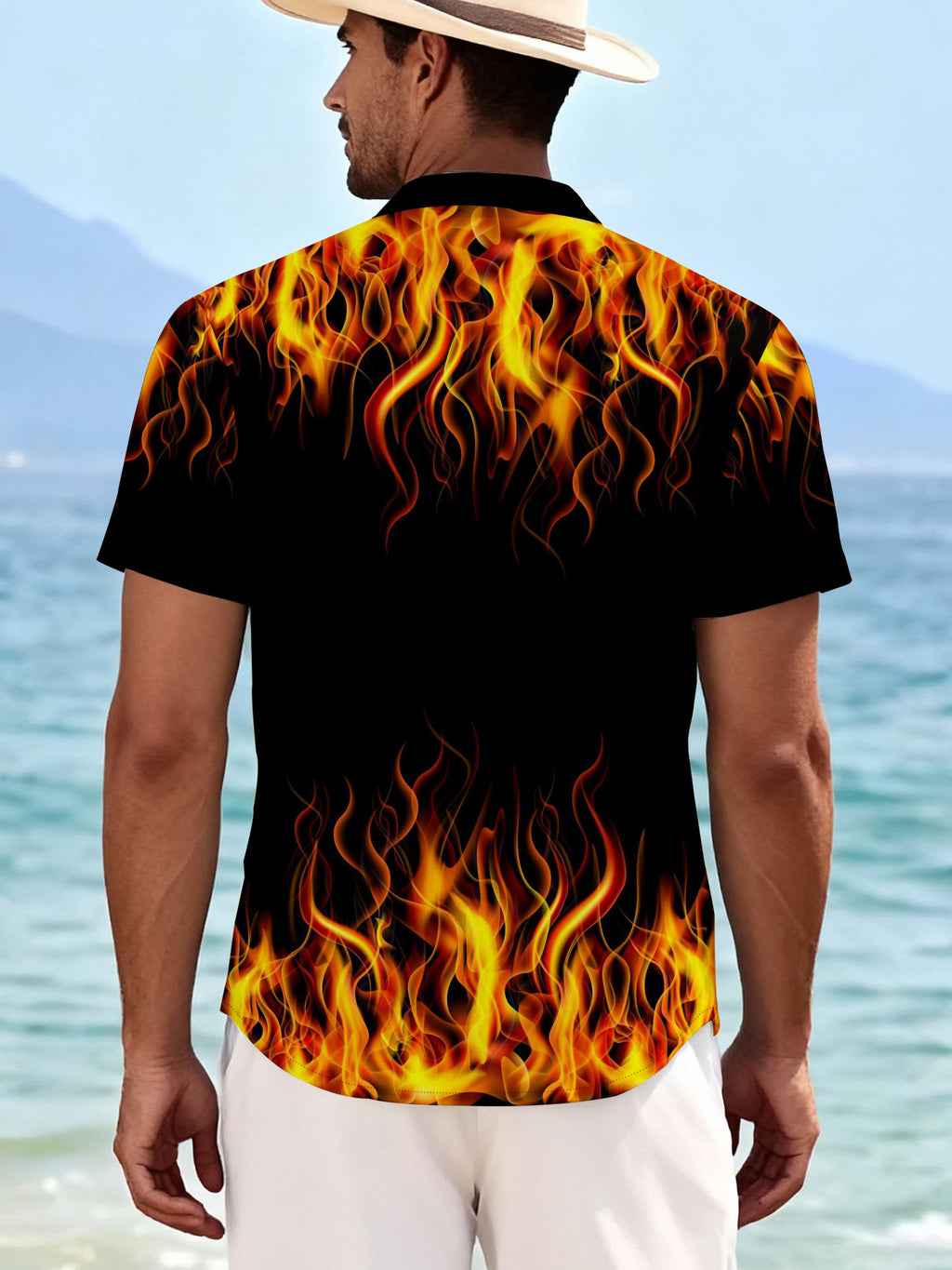 Trendy Individual Fashion Men'S Short Sleeve Shirt with Flame Print Black Background with Red And Yellow Flames Suitable for Casual Daily Wear