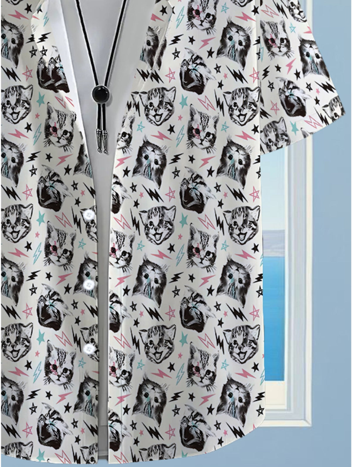 Hawaiian Anime Cat Print Men'S Casual Shirt - Short-Sleeve Button Design, Suitable for Outdoor And Casual Wear in Summer, Perfect for Everyday Outfits