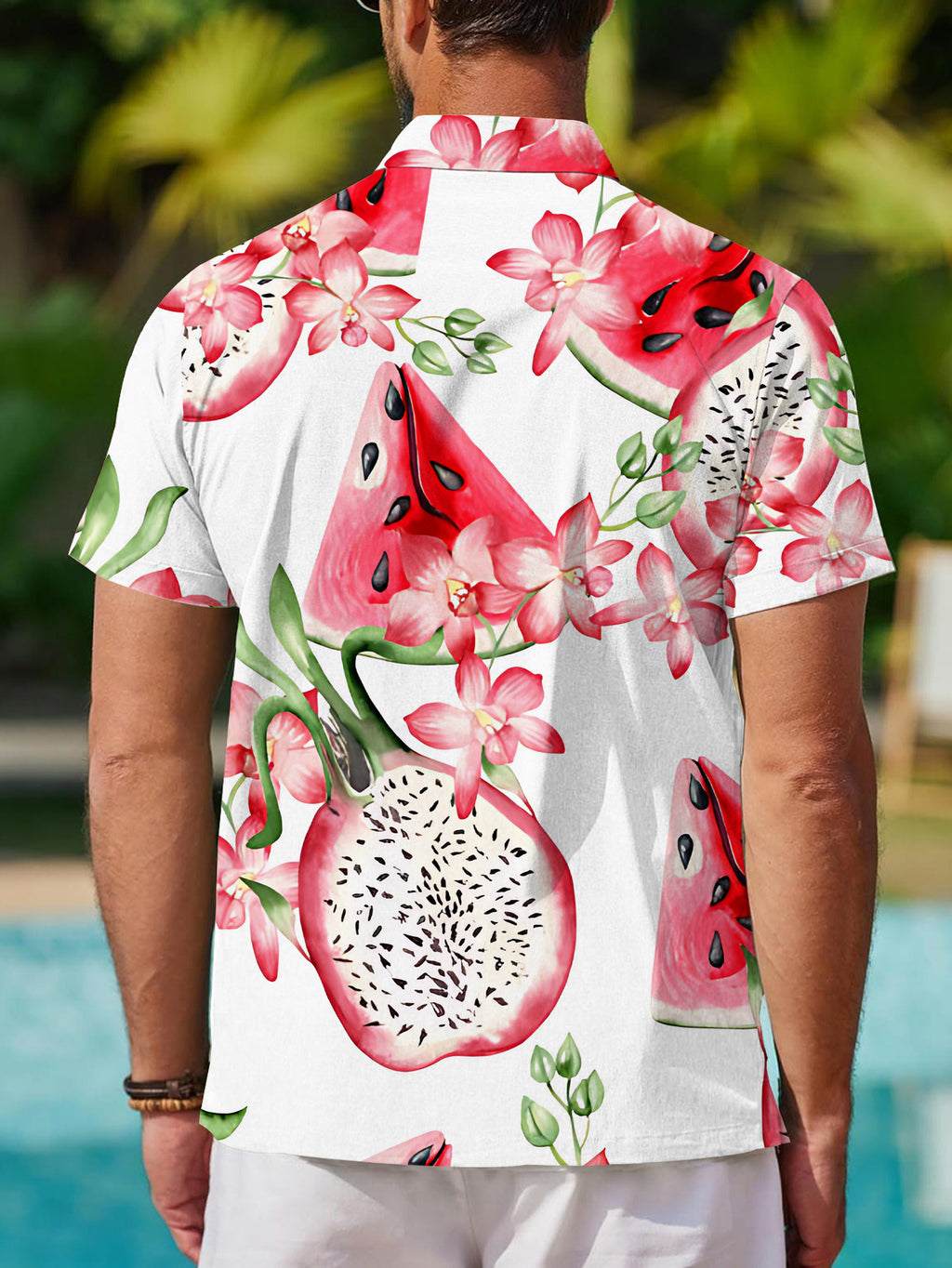New Men's Casual Shirt with Digital Print, Standard Size, Short Sleeve, Watermelon/Dragon Fruit Floral Watercolor Style, Fashionable and Stylish Dopamine Party Top, Men's Streetwear Printed Trendy Summer Clothing