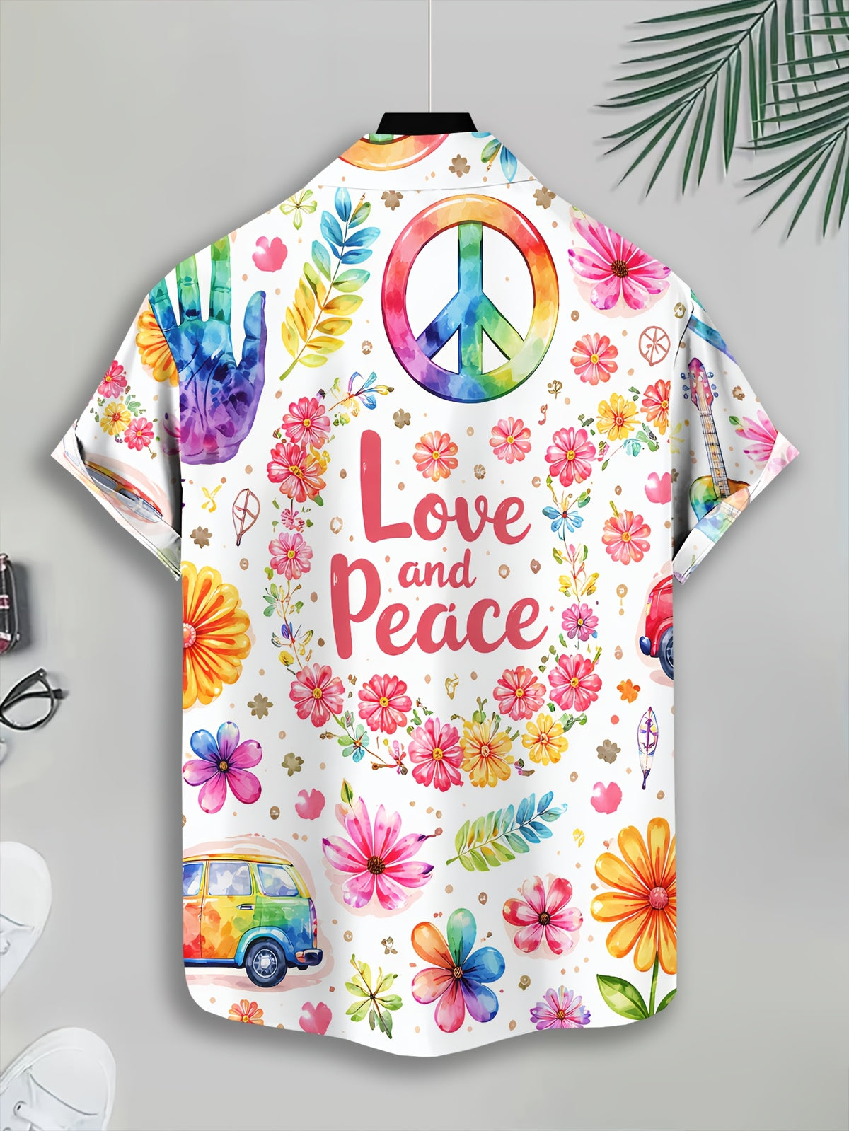 Hawaiian Style Men's Casual Shirt "Love and Peace" Floral Print with Summer Colorful Flowers and Peace Symbol Design