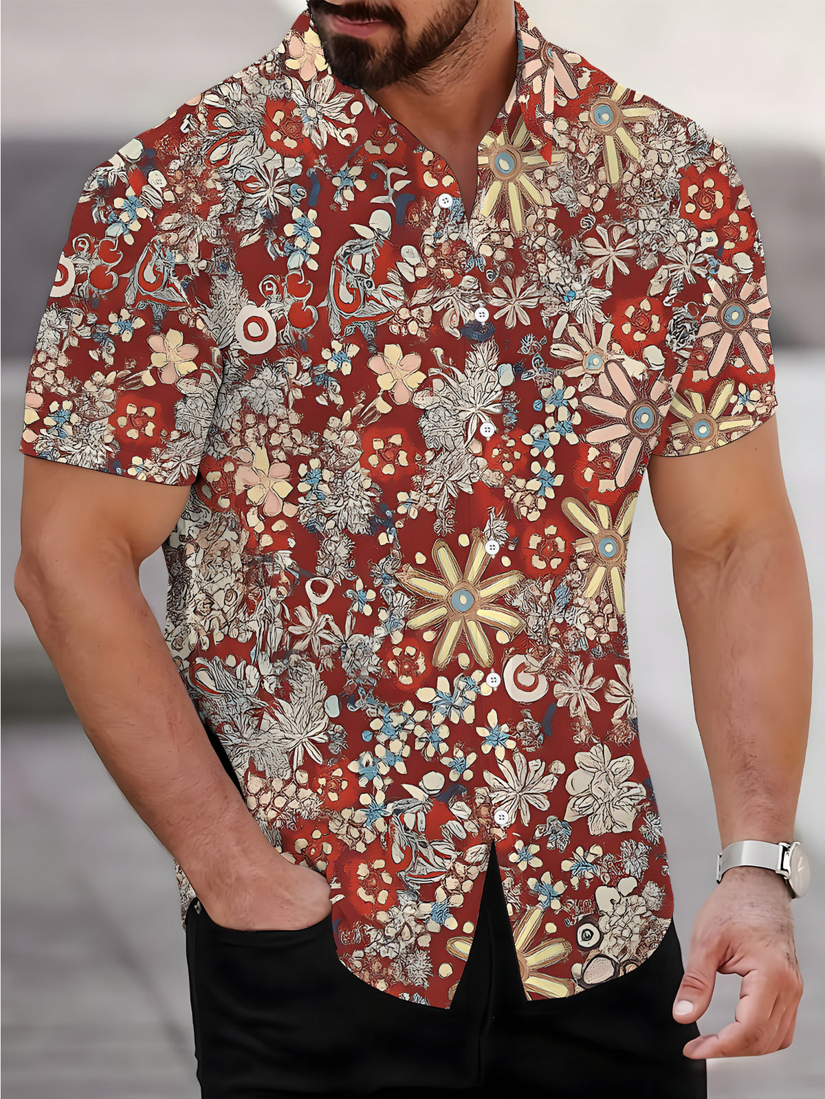 Men's Short-Sleeve Shirt with Colorful Floral Print, Vibrant Flower Pattern, Cool Summer Casual Shirt, Suitable for Daily Outdoor and Party Wear