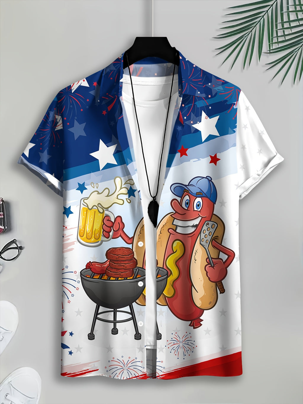 Men'S Short Sleeve Shirt with American Independence Day Theme Print, Cartoon Barbecue Pattern, Hawaiian Style Top