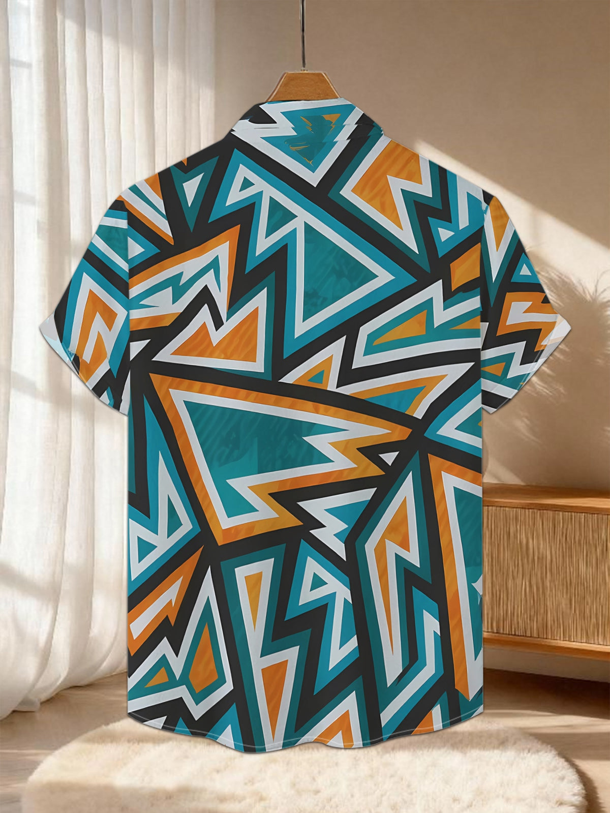 New Men'S Casual Short-Sleeve Shirt Featuring Blue, Orange, And White Geometric Graffiti with Dynamic Intersecting Lines, Perfect for Festive Gatherings And Commuting. Made from Machine-Washable Polyester Fabric, It Has a Button-Print Design