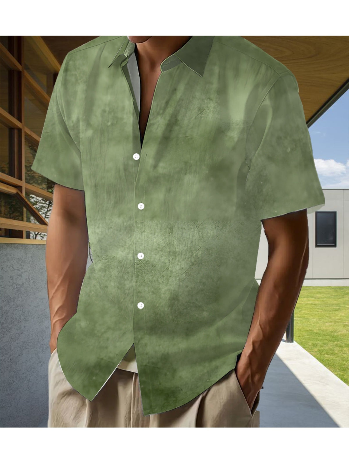 Vintage Hawaiian Style Green Ombre Print, Fashion Tropical Hawaiian Shirt - Short Sleeve, Casual Button- Men's Shirt, Lightweight Polyester for Summer Adventures