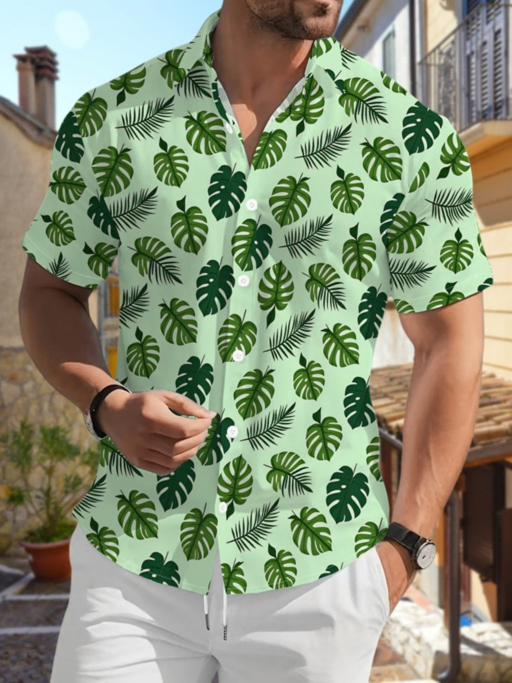 New Men's Casual Short-Sleeve Shirt with Light Green Base and Multi-Colored Dark Green Tropical Leaf Patterns, Versatile for Holiday Parties and Commuting. Made of Polyester Fiber, Machine Washable, Lightweight for Summer. Suitable for Casual Wear