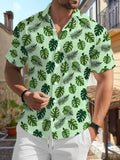 New Men's Casual Short-Sleeve Shirt with Light Green Base and Multi-Colored Dark Green Tropical Leaf Patterns, Versatile for Holiday Parties and Commuting. Made of Polyester Fiber, Machine Washable, Lightweight for Summer. Suitable for Casual Wear
