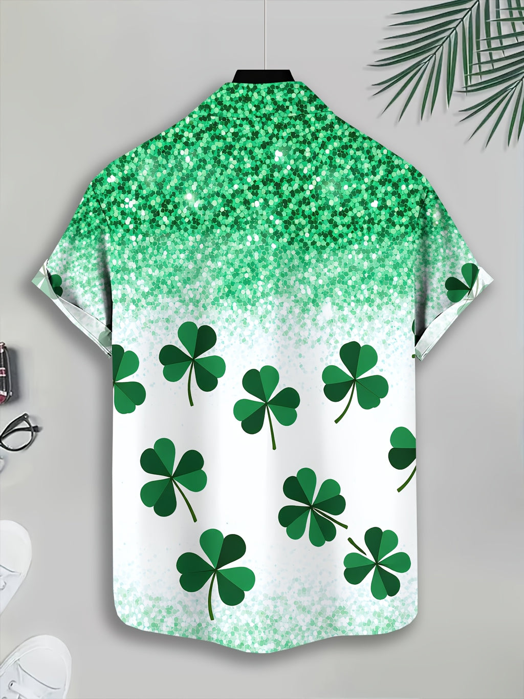 Men's Casual Style Shirt with Printed Cloverleaf Pattern, Vibrant Green Leaf Design for Summer