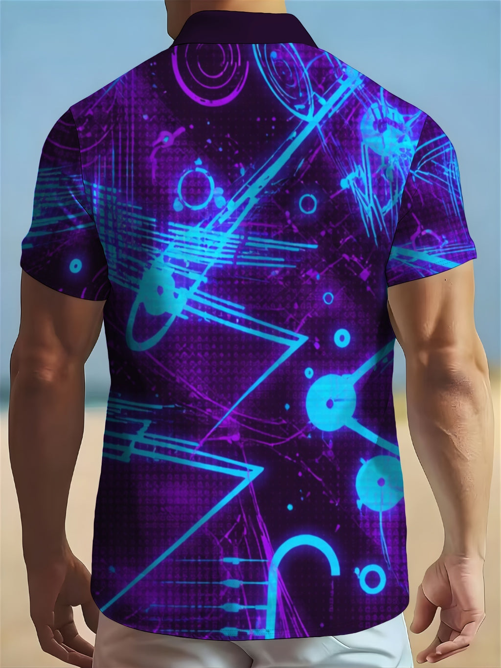 Men'S Short-Sleeve Button-Up Shirt, Geometric Pattern, Casual Turn- Collar, Fashionable Summer Wear