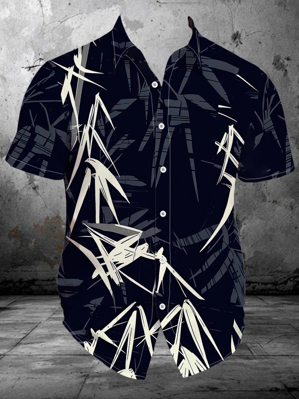Men'S New Summer Digital Print Short Sleeve Shirt with Trendy Bamboo Rayon Leaf Pattern Casual Turn- Collar Shirt