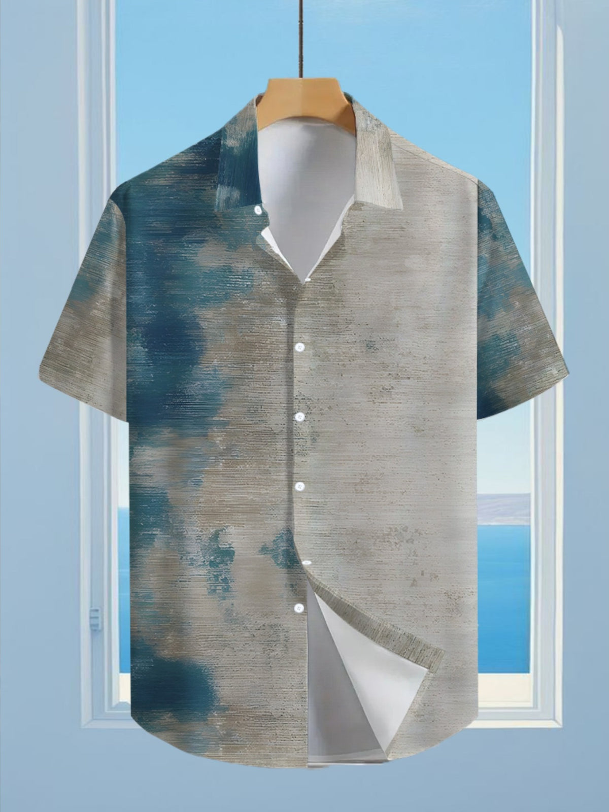 Hawaiian Tropical Blue, White, And Gray Gradient Patterned Elements Fun Print Men'S Casual Shirt - Short-Sleeve Button Design, Suitable for Summer Outdoor And Casual Wear, Everyday Outfits
