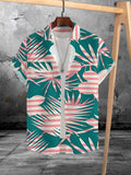 Men's Summer Digital Print Short Sleeve Shirt Fashionable Casual Vacation Style Plant Leaf Print Turn- Collar Cardigan Top