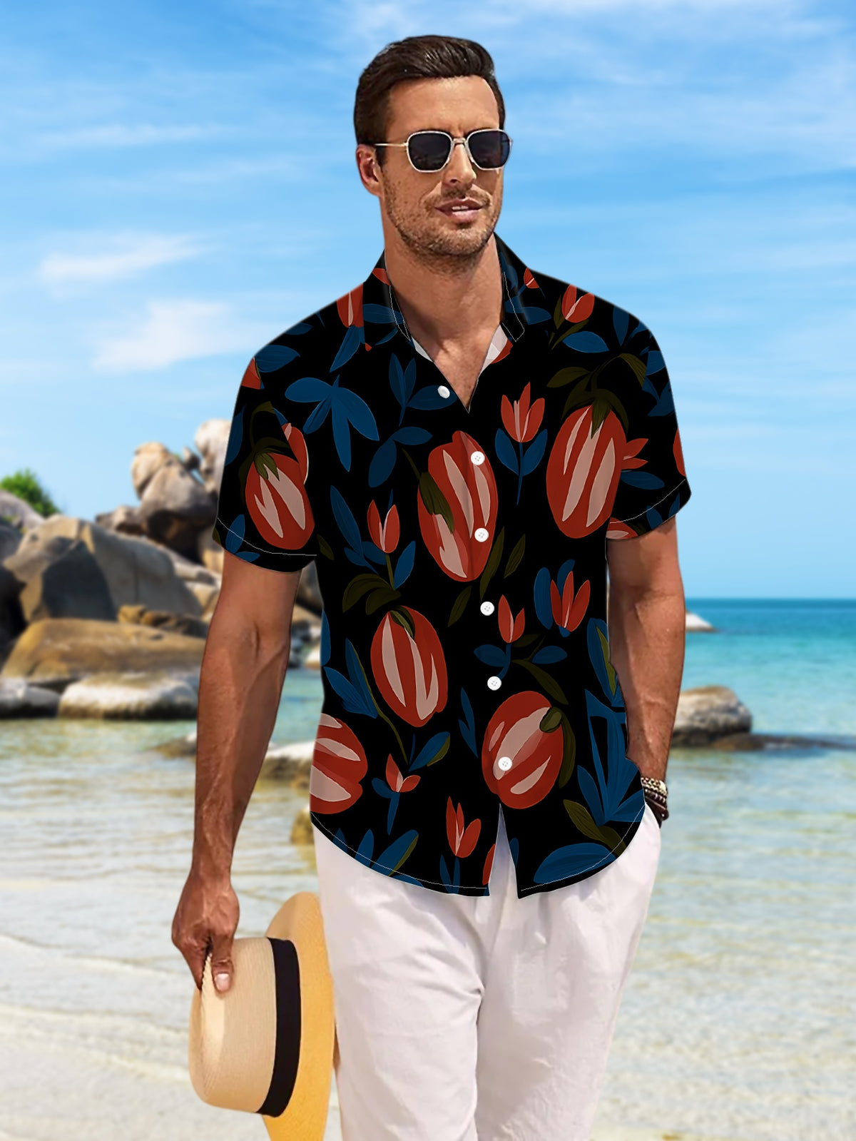 New Men's Casual Short-Sleeve Shirt with Red Berries and Blue Leaves on Black Background, Vintage Style All-Over Print, Versatile Top for Holiday Parties, Commuting, and Casual Wear, Machine-Washable Fabric, Button-Up Printed Shirt
