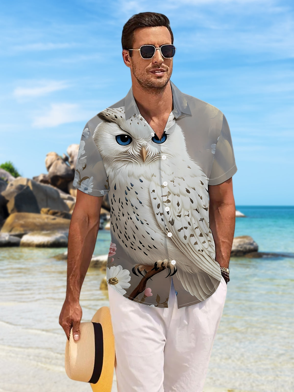 This New Men'S Casual Short-Sleeve Shirt Features a White Feather Dot Pattern And a Blue-Eyed Owl Among Blooming Flowers, Perfect for Festive Gatherings And Commuting. It'S a Versatile And Easy-Going Top Made from Machine-Washable Polyester Fabric W