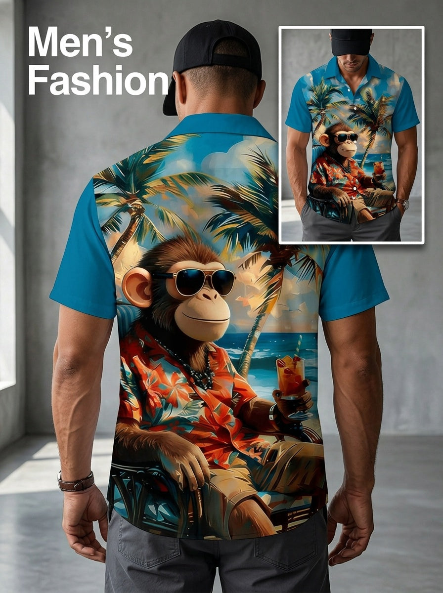 Men's Monkey & Palm Tree Print Button- Shirt - Short Sleeve Collared Button-Up Suitable for Beach Vacations, Casual Wear, Dates, Gift - Machine Washable Summer Shirt with Flip Collar, Non-Stretch Fabric