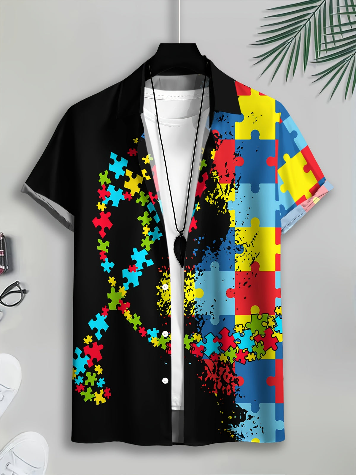 Casual Style Men'S Casual Shirt with Puzzle Print Black And Colorful Puzzle Pieces Summer Bright Puzzle Design