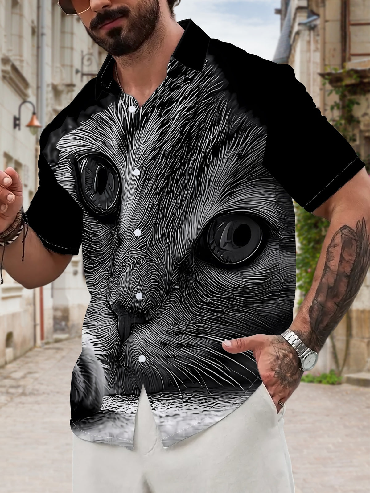 New Men's Casual Short-Sleeve Shirt with Ink-Washed Cat Print, Round Eyes Peeking, Paws Resting on Table, Versatile Holiday Party and Commuting Top. Made of Polyester Fiber, Machine Washable. Button-Up Printed Shirt
