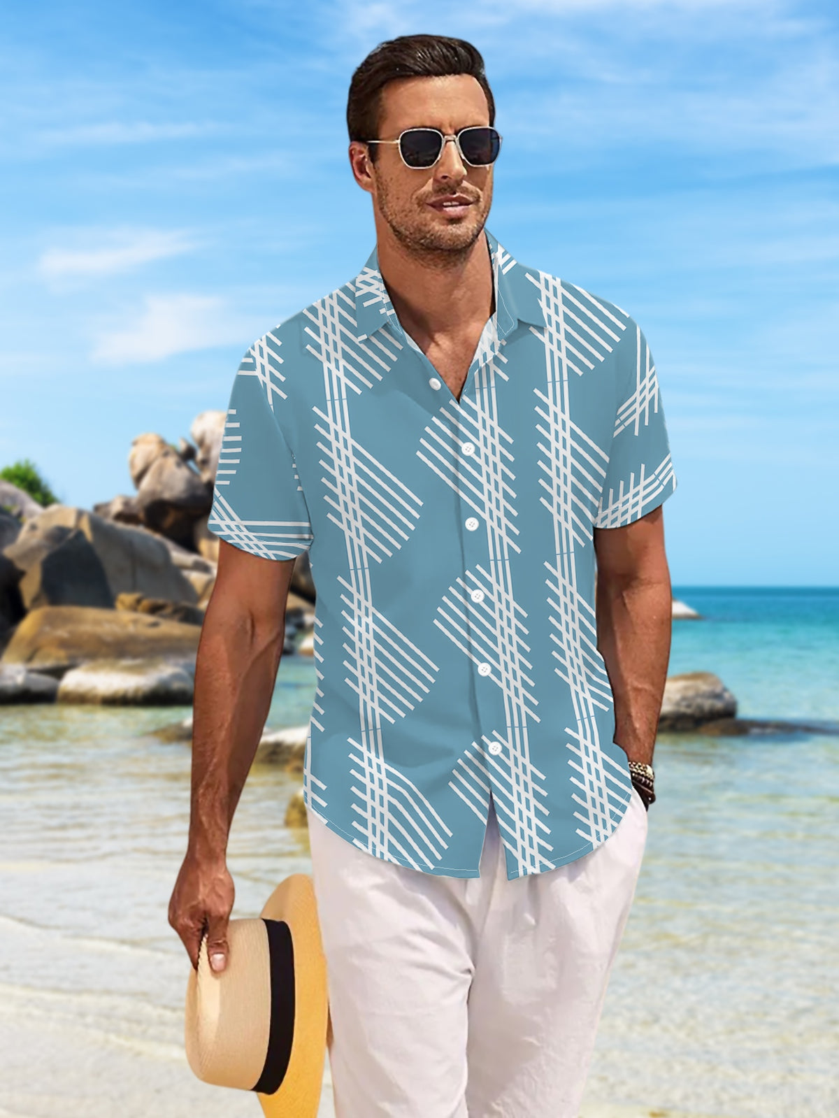 New Men'S Casual Short-Sleeve Shirt with a Blue Background And White Diagonal Striped Symmetrical Layout, Creating a Neat Geometric Pattern. Suitable for Festive Gatherings And Commuting